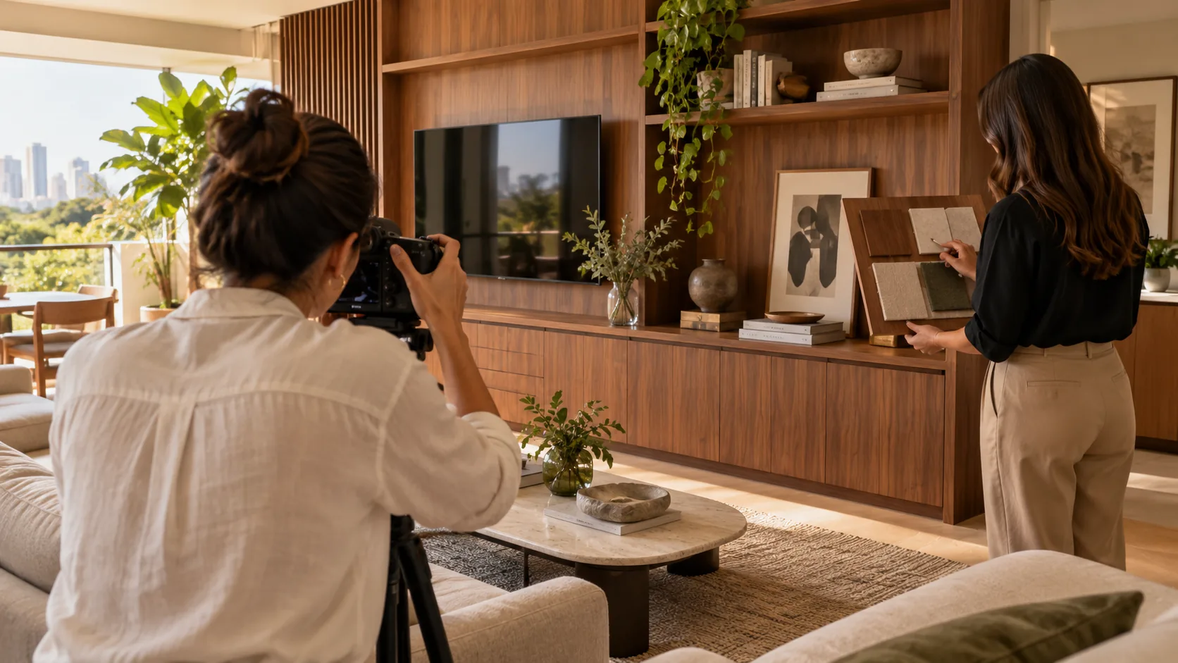 Fotógrafa registra sala de móveis planejados com designer ao lado