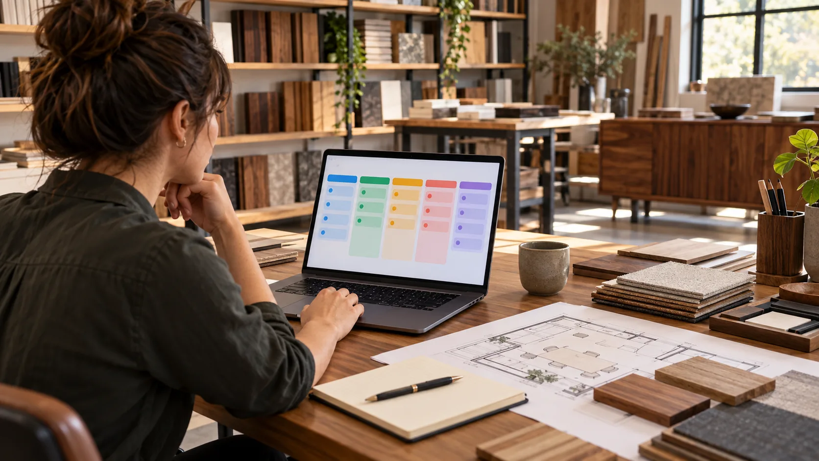 Profissional organiza etapas de projetos em painel de CRM